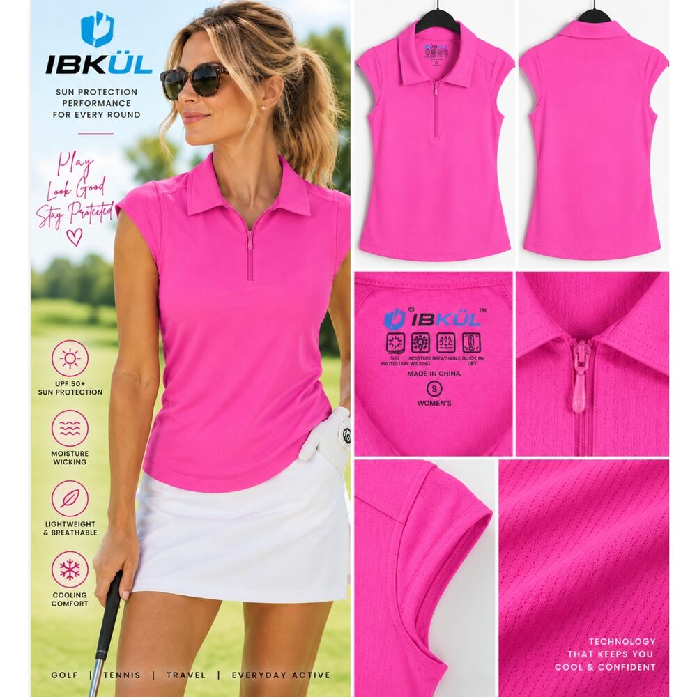 BKUL Womens Golf Polo S Hot Pink Cap Sleeve 1/4 Zip UPF 50 Cooling Performance
